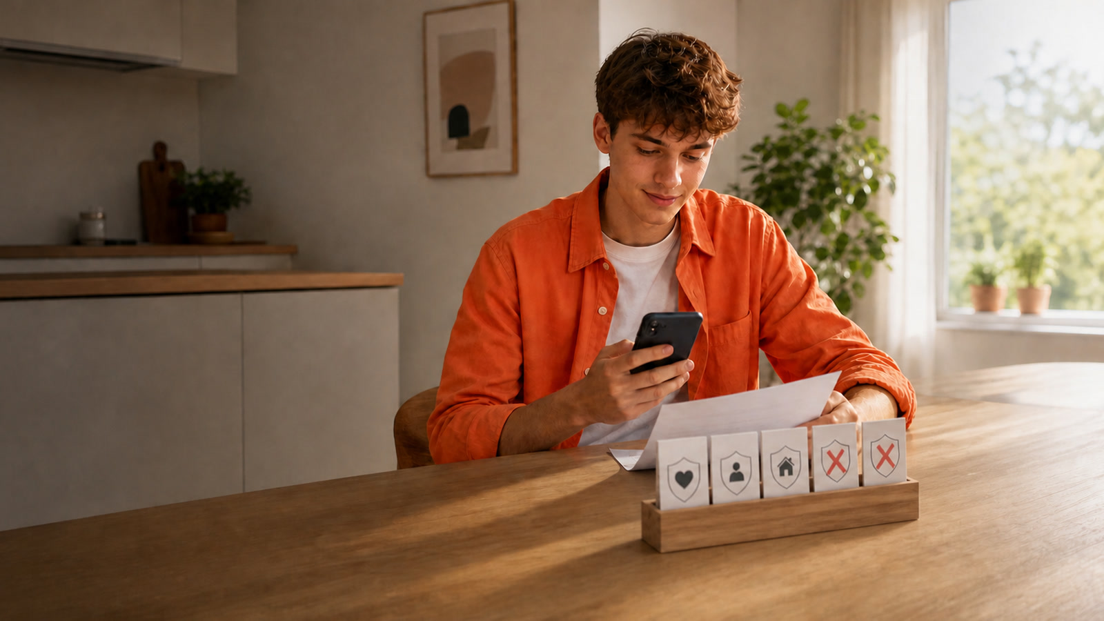 Junger Azubi im orangefarbenen Hemd prüft am Küchentisch per Smartphone seine erste Gehaltsabrechnung; drei Schutzkarten stehen zwei aussortierten Policen gegenüber.