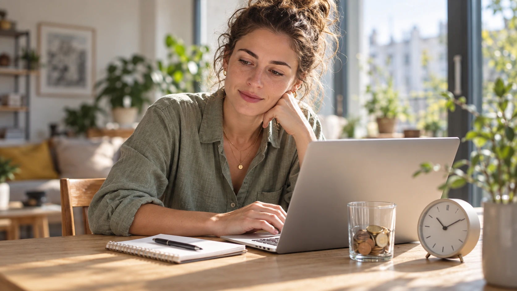 KI-generiertes Symbolbild: Eine Frau prüft am Laptop ihre Geldanlage; auf dem Tisch liegen ein Notizbuch, ein Münzglas und eine Uhr.