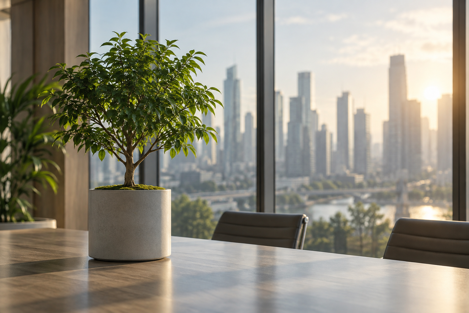 Grüner Baum im Pflanzgefäß auf einem Bürotisch vor einer Skyline – KI-generiertes Symbolbild