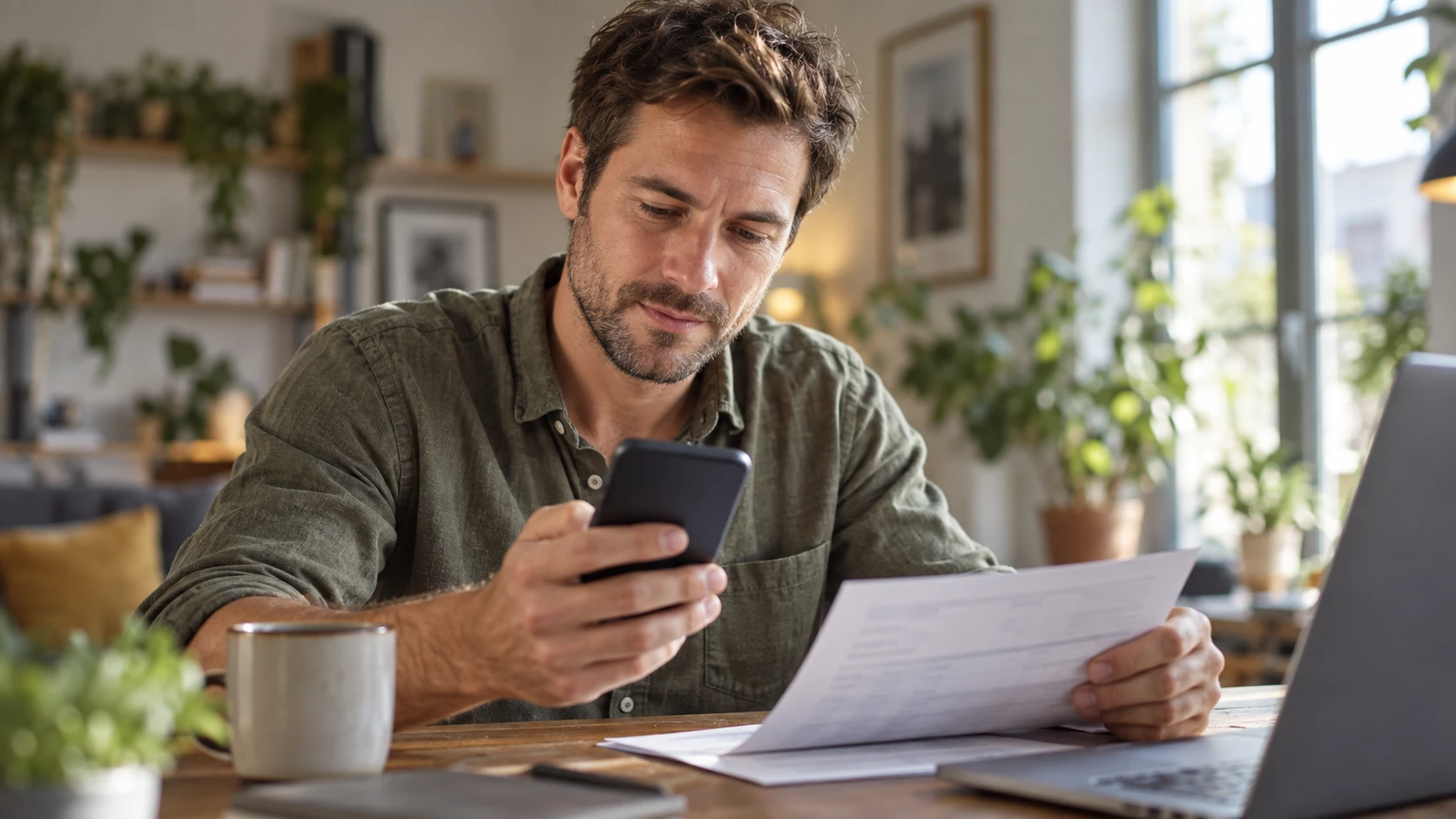 KI-generiertes Symbolbild: Ein Mann prüft am Smartphone sein Broker-Guthaben und vergleicht dazu Konto-Unterlagen.